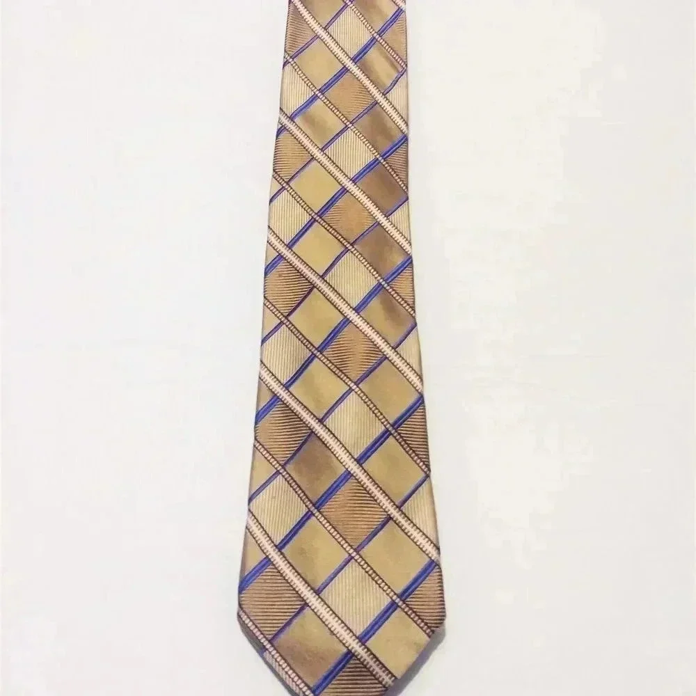 Michael Michael Kors Tan Blue Striped 100% Silk Tie‎